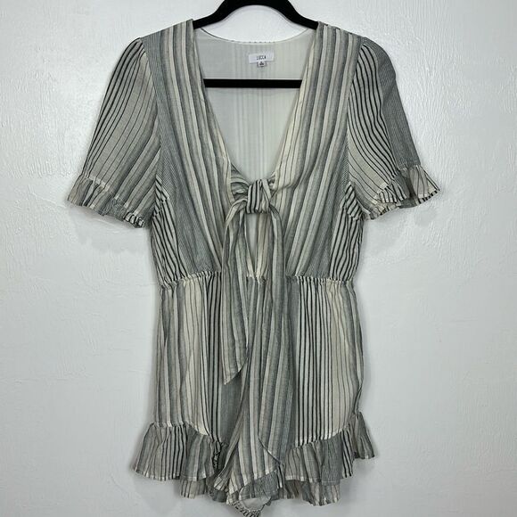 Lucca Couture Front Tie Short Sleeve Striped Romper Shoreline Navy Cotton Size M - Picture 1 of 13